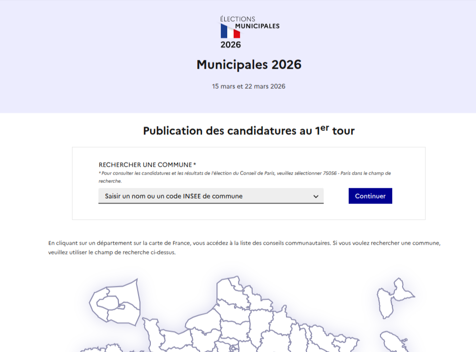 Résultat et candidatures des élections municipales 2026 sur le site du Ministère de l'Intérieur